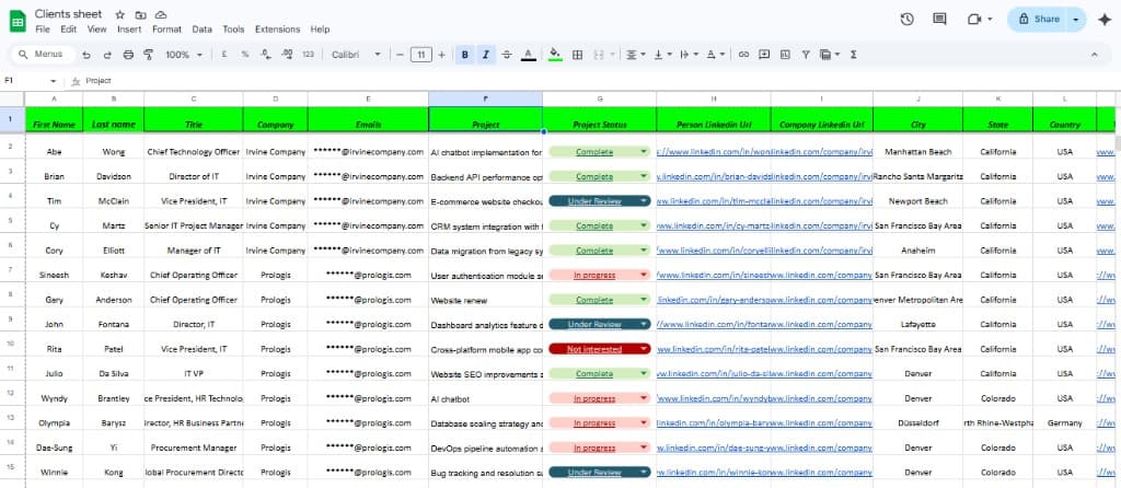 Enriched lead list with verification fields