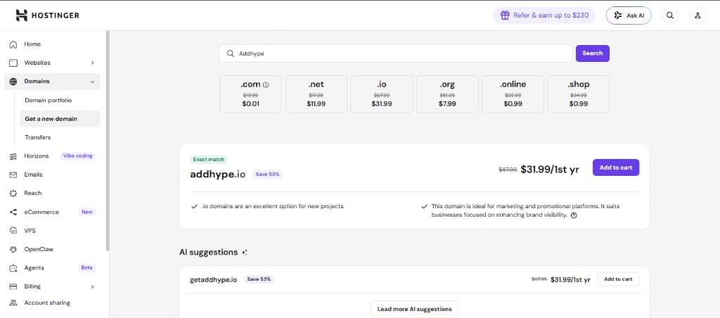 Domain purchase and availability search